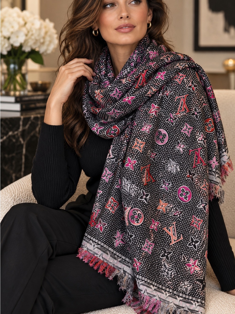Louis Vuitton limited edition Luxury Black and Pink Monogram Shawl Scarf